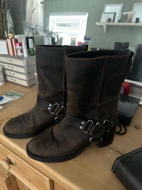 Zara Brown Leather Harness Moto Boots